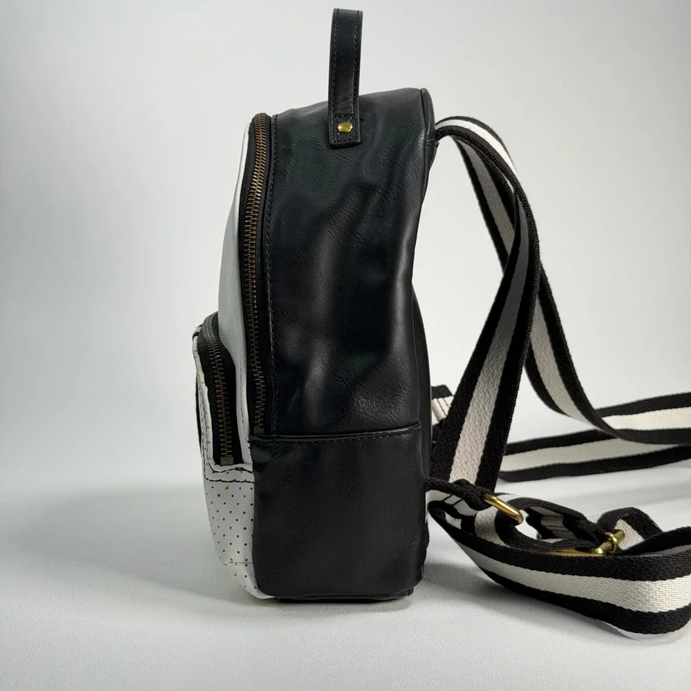 Fossil Megan Mini Backpack Women Small Black White Perforated Leather Stripe Bag